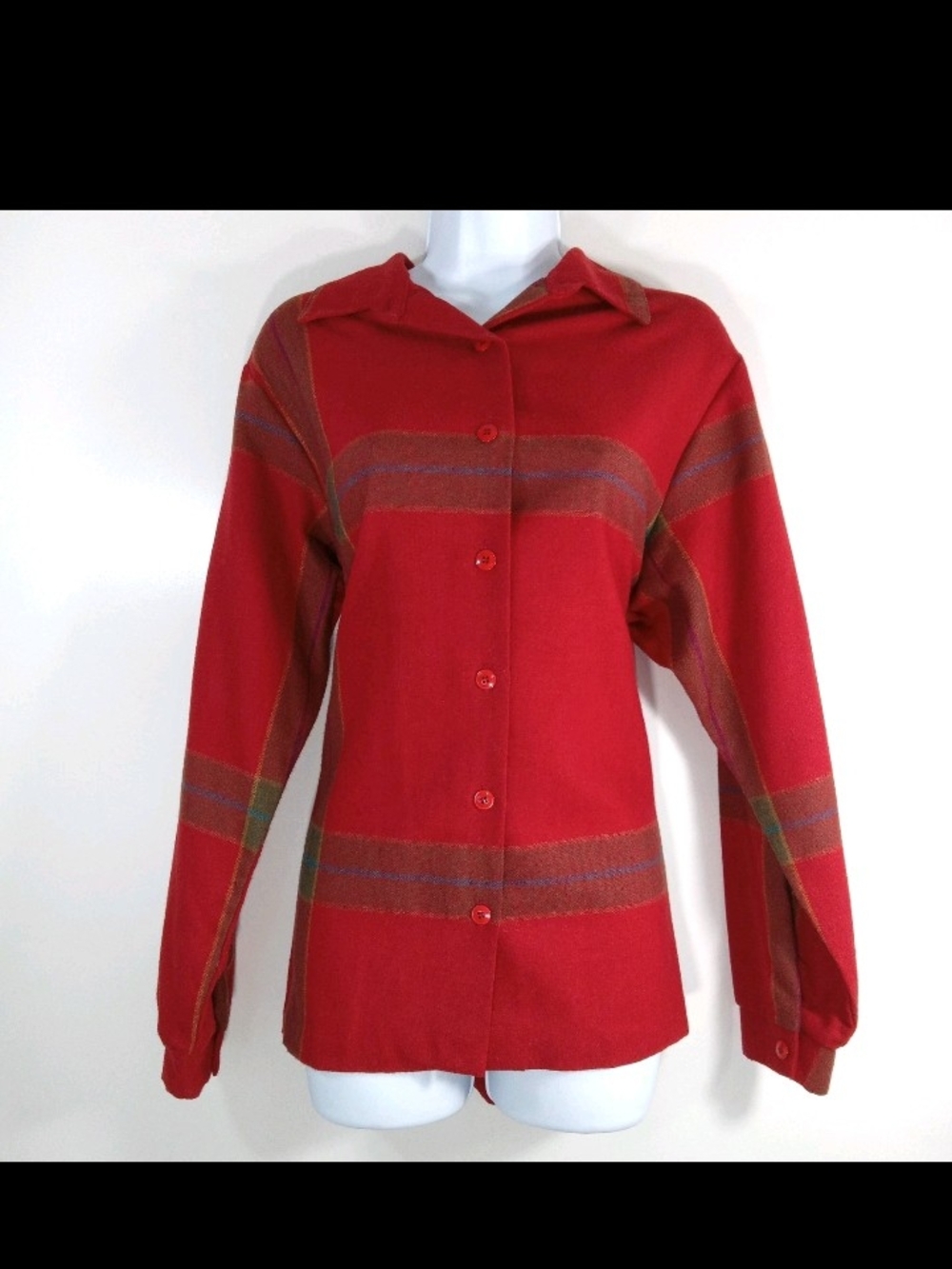 Union Made Red Button-Front Women's Top Subtle Stripe Detail